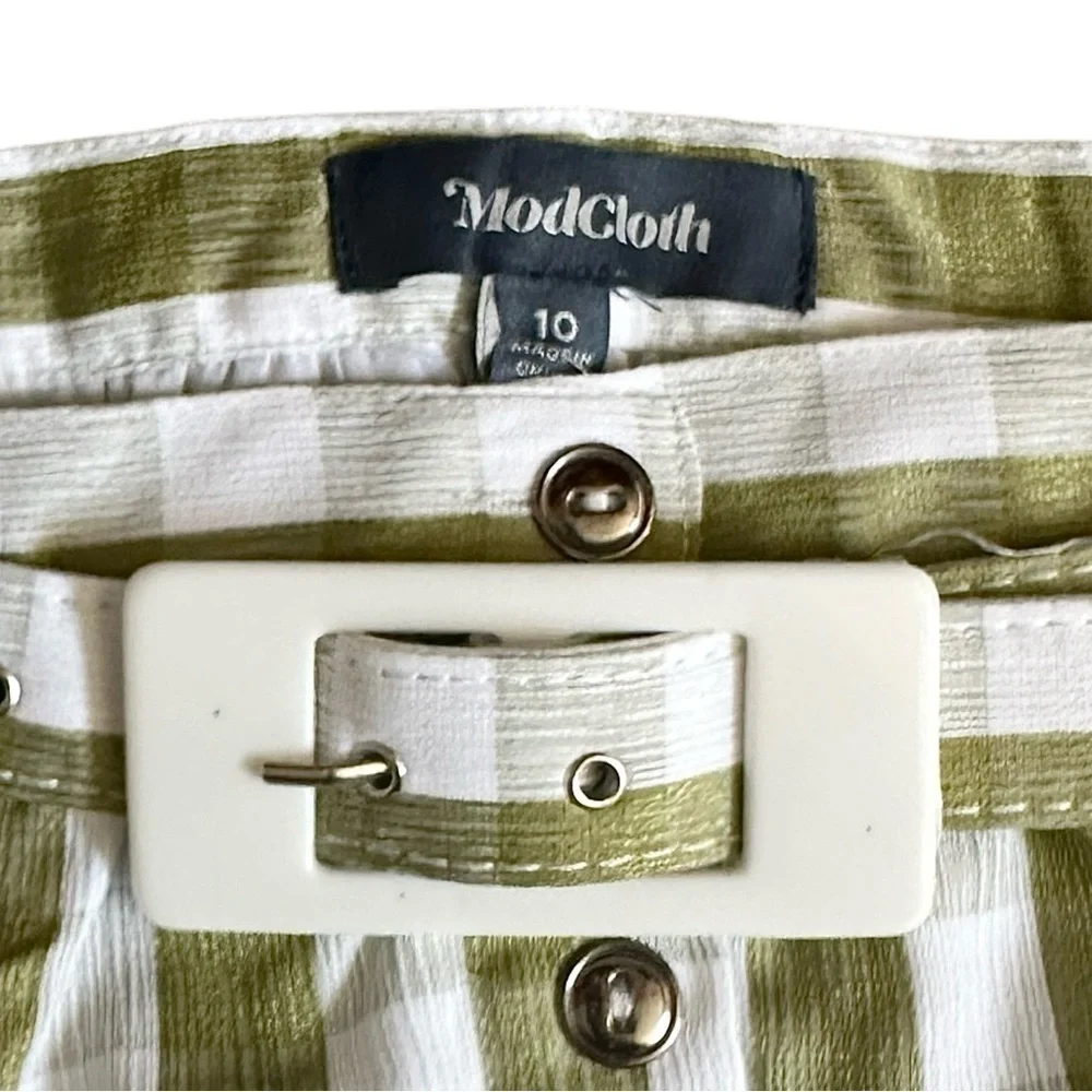 ModCloth A-line Skirt 10 NWT Green Gingham Plaid Retro Belted Button Front